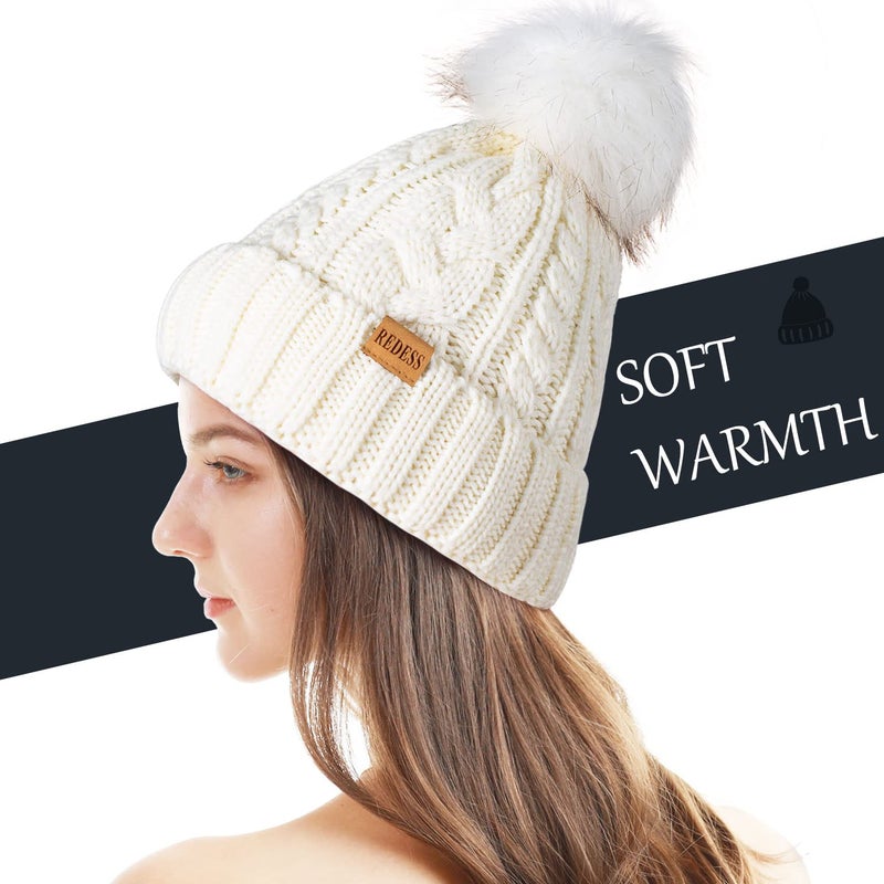 REDESS Women Winter Pompom Beanie Hat with Warm Fleece Lined, Thick Slouchy Snow Knit Skull Ski Cap - Image 3
